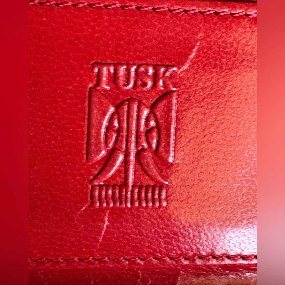 TUSK genuine leather brown wallet beautiful cherry red interior 7.5” x 3.5” used